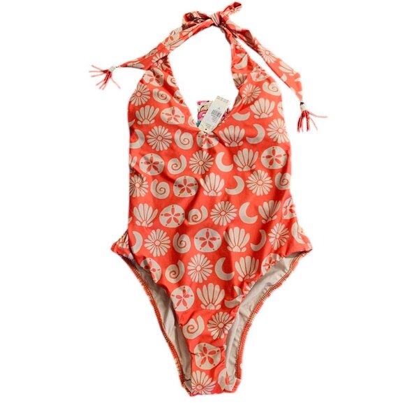 Farm Rio x Anthropologie Plunge Halter One-Piece Swimsuit, Beads, Orange, Small - Picture 1 of 11